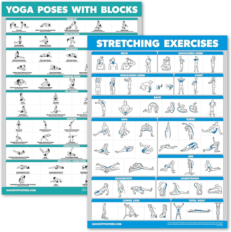 Palace Learning 2 Pack - Yoga Block Poses + Stretching Exercise Poster Set - Yoga Positions with Blocks Chart - Set of Two Fitness Charts - Image 1